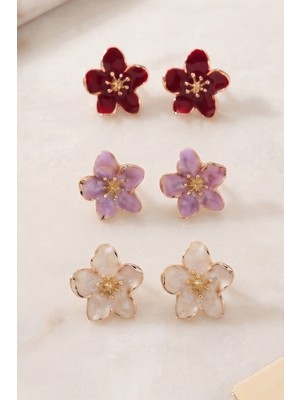 Aurrari Mor Bordo Sakura Çiçek 3'lü Set Küpe