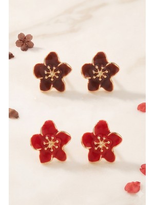 Aurrari Bordo ve Kahverengi Sakura Çiçek 2'li Set Küpe