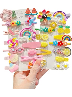 Sheker Home 2 Set Kız Çocuk Renkli Pens Toka Seti Meyve Gökkuşağı Çiçek Figürlü Çıtçıt Toka Saç Aksesuarı