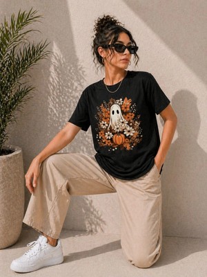 Hsc Bilişim Kadın Balkabağı Hayalet Baskılı Tişört Kısa Kol Yazlık T-Shirt - Siyah