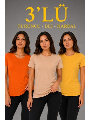 Hsc Bilişim Kadın 3’lü Kısa Kollu Bisiklet Yaka Basic Slim Fit T-Shirt - Turuncu - Bej - Hardal