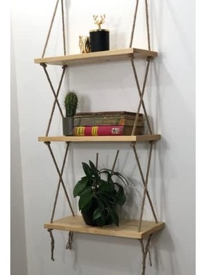 Halatlı Doğal Ahşap Dekoratif Duvar Rafı, 3 Katlı Ahşap Çiçeklik, Retro Hasır Ipli Ahşap,