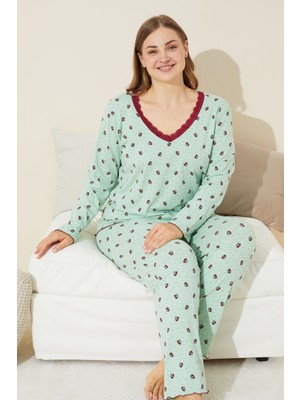 Siyah İnci Yeşil Çiçek Desenli Pamuklu Curve Büyük Beden Battal Boy Örme Pijama Takım 24240624