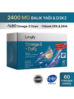 Longify Omega 3 + D3K2, IFOS Onaylı, Yüksek EPA & DHA, Vitamin D3, Vitamin K2 (MK7), Vitamin E, Balık Yağı, 60 Yumuşak Kapsül