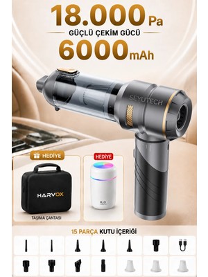 Harvox 18000PA Güçlü Vakum Araç Süpürgesi Taşınabilir Çantalı 6000MAH Bataryalı Üflemeli Hava Nemlendirici Hediyeli Süpürge