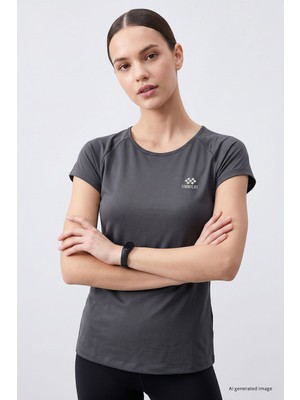 Tommy Life Koyu Gri Sırt Pencereli Kısa Kol Standart Kalıp O Yaka Kadın T-Shirt - 97101