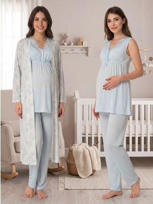 Lohussa Kadın Mavi Dantelli Özel Tasarım Pamuk Penye Hamile Lohusa Sabahlık Pijama Takımı Set