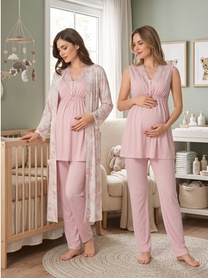 Lohussa Kadın Pudra Dantelli Özel Tasarım Pamuk Penye Hamile Lohusa Sabahlık Pijama Takımı Set