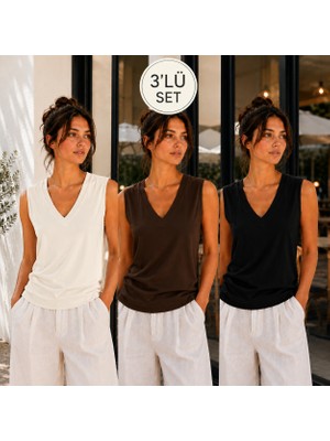 Hayalet Kadın V Yaka Kolsuz T-Shirt Ultra Soft Basic Bluz Loose Fit