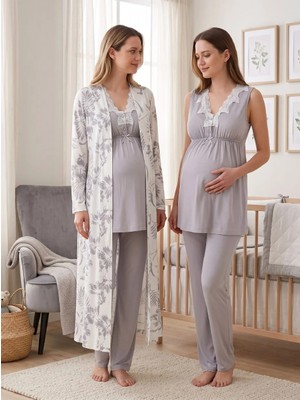 Lohussa Kadın Gri Dantelli Özel Tasarım Pamuk Penye Hamile Lohusa Sabahlık Pijama Takımı Set