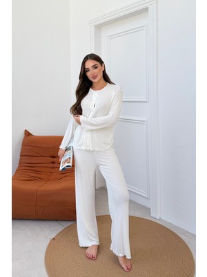 Mjamass Önden Duğmeli Ekru Fitilli Pijama Takımı