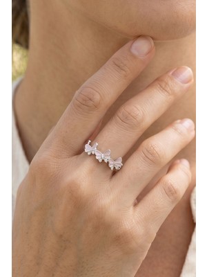 Aurrari Silver Zirkon Taşlı Pembe Kelebek Çelik Yüzük