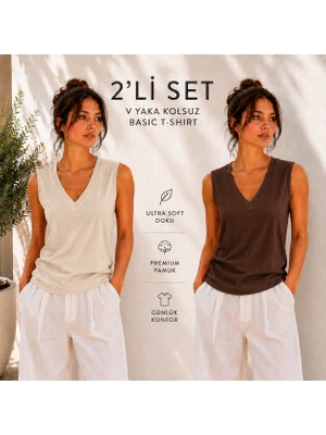 Hayalet Kadın V Yaka Kolsuz T-Shirt Ultra Soft Basic Bluz Loose Fit
