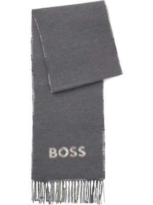 Boss Erkek Saf Yün ve Pamukla Harmanlanan Desenli Gri Şal & Eşarp & Fular 50551650-030
