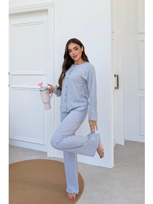 Mjamass Önden Duğmeli Gri Fitilli Pijama Takımı