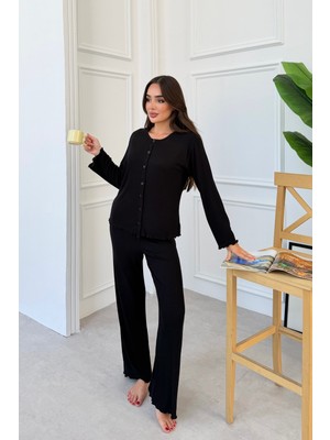 Mjamass Önden Duğmeli Siyah Fitilli Pijama Takımı