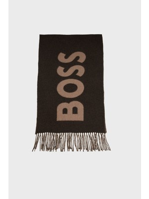 Boss Erkek Monogram Logo Desenli Kontrast Püsküllü Kahverengi Şal & Eşarp & Fular 50527099-346