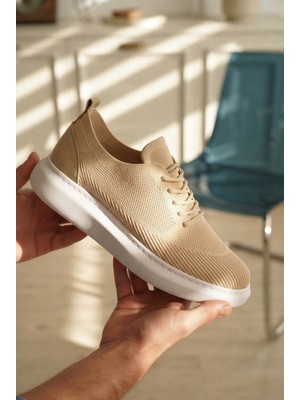 Zerenyus ZRK-MX101 Premium Üst Kalite Bej Triko Bağcıklı Erkek Sneaker