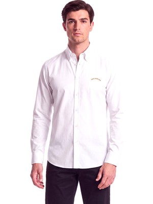 Paul & Shark Erkek Normal Kesim Logo Etiketli Pamuklu Uzun Kollu Beyaz Gömlek 16313805-010