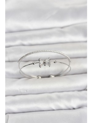 Pirinç Gümüş Renk Baget Zirkon Taşlı Objeli Kadın Bileklik - Lisinya