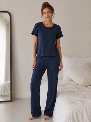 Pijamask Kadın Lacivert Kısa Kollu Uzun Pantolonlu Pijama Takımı Rahat Ev Giyim Uyku Takımı