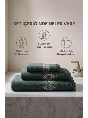 Green Black Hereke Heritage Serisi 3’lü Havlu Seti Krem Bordürlü Yeşil