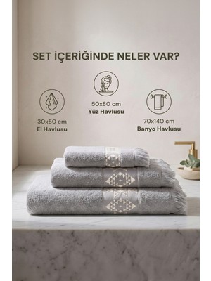 Green Black Hereke Heritage Serisi 3’lü Havlu Seti Krem Bordürlü Gri