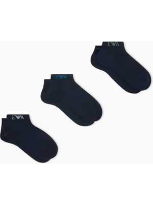 Emporio Armani Erkek Bilek Hizasında Esnek Pamuklu Logo Detaylı Üçlü Paket Lacivert Çorap EM000550 AF26377-MB153