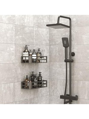Odea 27X12 cm Ölçülerinde Siyah Yapışkanlı Banyo Rafı Seti, Matkapsız Montaj