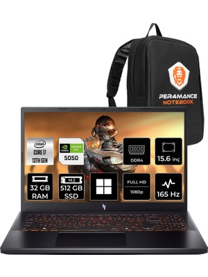 Acer Nitro V15 ANV15-52 I7 13620H Rtx 5050 8gb 75W 32GB Ram 512GB SSD 15.6" Fhd (1920X1080) 165Hz WIN11 Home NHQZ7EY005P332 Gaming Laptop + Per4 Çanta
