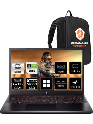 Acer Nitro V15 ANV15-52 I7 13620H Rtx 5050 8gb 75W 64GB Ram 512GB SSD 15.6" Fhd (1920X1080) 165Hz WIN11 Pro NHQZ7EY005P350 Gaming Laptop + Per4 Çanta