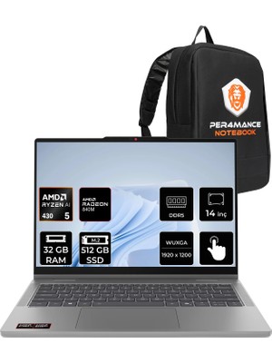 Lenovo Ideapad 5 2-In-1 14AGP11 Ryzen Aı 5 430 32GB Ram 512GB SSD 14" Touch Wuxga (1920X1200) IPS Freedos 83UH004DTRP320 Dokunmatik Taşınabilir Bilgisayar + Per4 Çanta