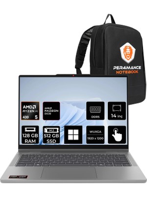 Lenovo Ideapad 5 2-In-1 14AGP11 Ryzen Aı 5 430 128GB Ram 512GB SSD 14" Touch Wuxga (1920X1200) IPS WIN11 Pro 83UH004DTRP356 Dokunmatik Taşınabilir Bilgisayar + Per4 Çanta
