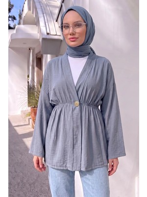 Modestim Kadın Düğme Detaylı Beli Lastikli Çilek Kumaş Yazlık Ince Gri Tesettür Hırka Kap