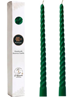 (2 Adet 27.5cm) Balmumu Mum Konik Burgulu Şamdan Mumu Doğal Dekoratif Beeswax Candle (Yeşil) Akma