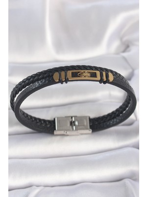 316L Çelik Gold Renk Örümcek Figür Çift Sıra Burgu Desenli Deri Kordon Erkek Bileklik - Lisinya