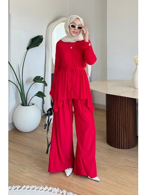 Tesettür Diyarı Boby Ithal Sandy Kumaş Tunik-Pantolon Tesettür Takım- Kırmızı