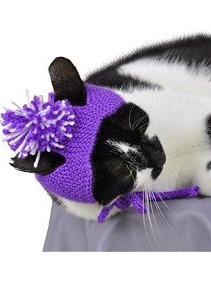 Odea Mor Renkli Kapüşonlu Örme Kedi Şapkası