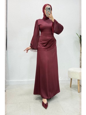 Abiye Diyarı Sahra Taş Püsküllü Saten Kumaş Tesettür Abiye- Bordo