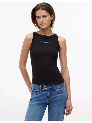 Tommy Hilfiger Kadın %100 Pamuk Kalın Askı Slim Fit Siyah T-Shirt DW0DW22806-BDS