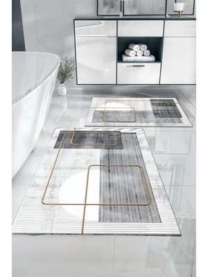 Empressco Dijital Baskılı Su Emici Gri Tonlu Eskitme Desenli Ikili Banyo Paspası (40/60CM -60X100CM)