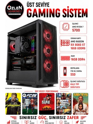 Özlen XL10 RYZEN 7 5700 RX 9060 XT 16GB 1TB M.2 SSD 16GB RAM Üst Seviye Oyuncu Bilgisayarı