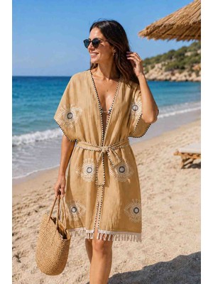Trendol Fashion Life Kadın Hardal Desenli Kuşaklı Plaj Kimono Pareo – Saçaklı Yazlık Plaj Elbisesi