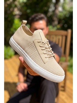 Zerenyus ZRK-X110 Premium Rahat Slip-On Bağcıksız Nefes Alan Triko Erkek Ayakkabı Bej