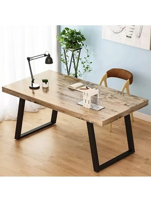 Kumsal Concept Ahşap Masif Ağaç Doğal Çalışma Masası Demir Iskelet Ofis Masası 80 x 150