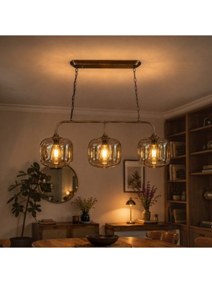 Bamyum Maple Bal Cam Brillar Üçlü Eskitme Metal Rustik E27 Salon Yemek Masası Sarkıt Avize
