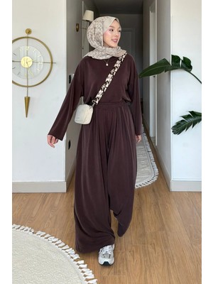 Tesettür Diyarı Chester Pike Orijinal Modal Kumaş Tunik- Pantolon Tesettür Takım- Kahverengi