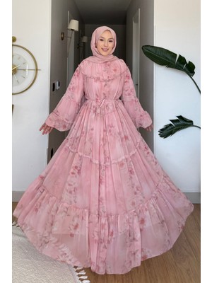 Tesettür Diyarı Moran Çiçek Desenli Şifon Kumaş Astarlı Tesettür Elbise- Pembe Standart Beden (36-42 Uyumlu)