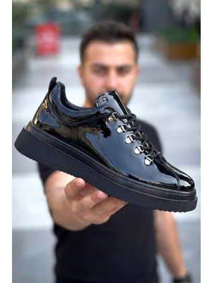 Zerenyus ZRK-X4X Yüksek Kalite Kalın Taban Siyah Rugan Bağcıklı Günlük Erkek Sneakers
