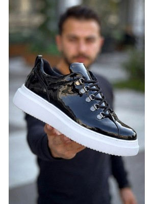 Zerenyus ZRK-X4X Yüksek Kalite Kalın Taban Siyah Beyaz Rugan Bağcıklı Günlük Erkek Sneakers